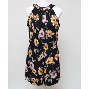 Maurices Short Romper Black with Yellow Pink Flowers Size M